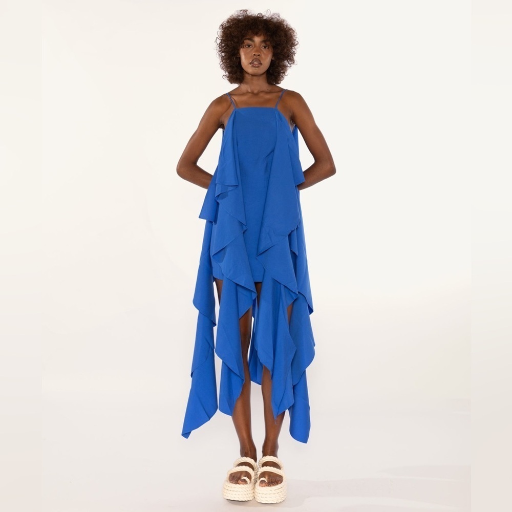 NWT Tisse Brazilian Sz L Royal Blue Mini Dress With Draped Ruffles Boho Grunge